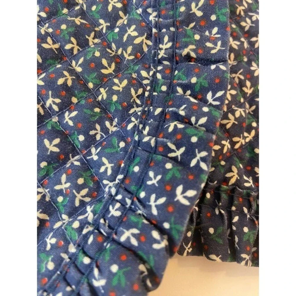 Vintage Navy Blue Calico Floral Quilted Ruffle Oval Placemats Set of 3 Cottage